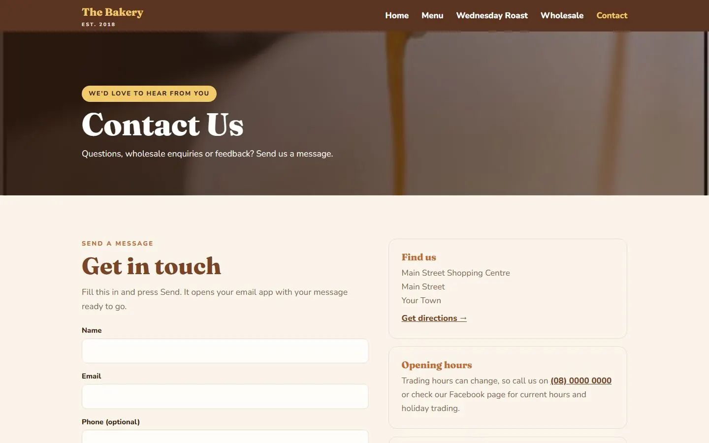 Bakery contact page concept