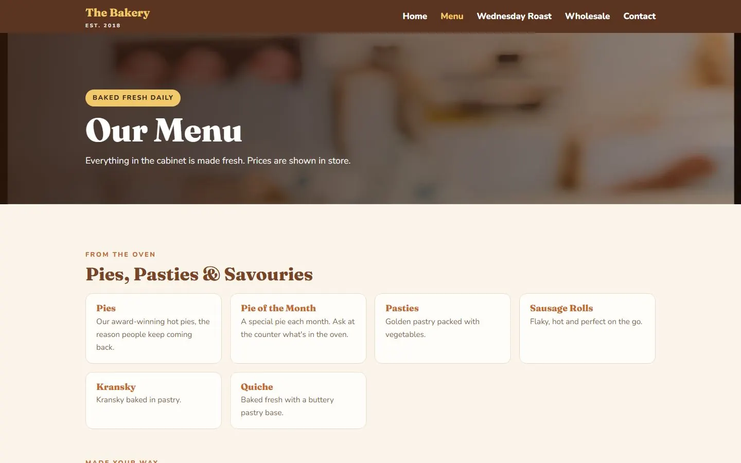 Bakery menu page concept
